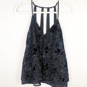 Lucky Brand Size Small Black Floral Velvet Embellished Strappy Tank Top V Neck